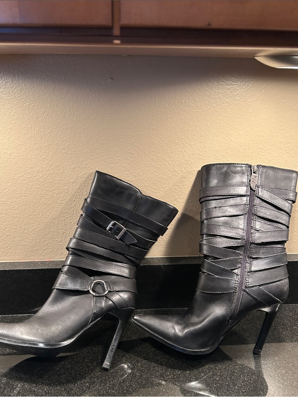 Harley-Davidson Black Strappy Pointed Toe Stiletto Ankle Boots